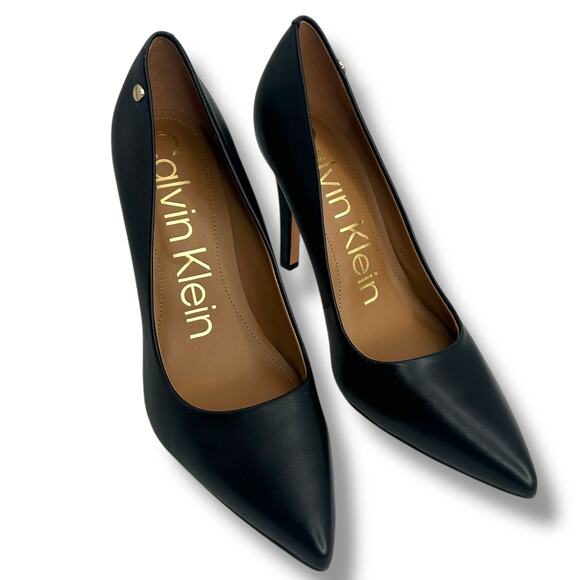 NEW Calvin Klein Pointed Toe Pumps Size 9 High Stiletto Heels Black Leather FLAW - Picture 8 of 13